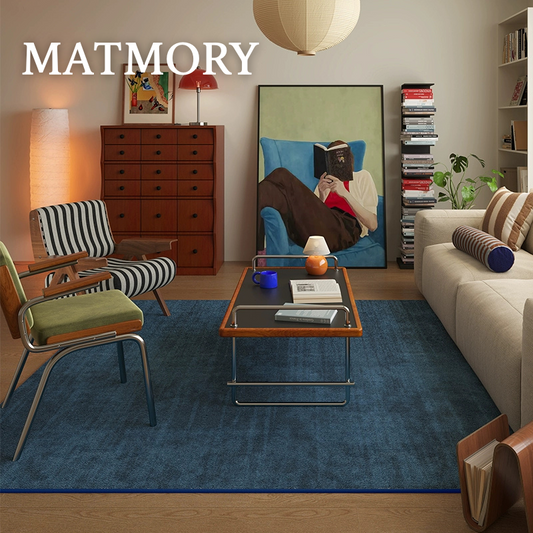 Solace navy blue living room rug for modern interior