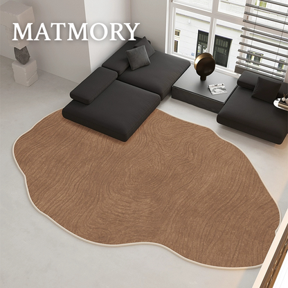 round curved warm brown bedroom rug for mid-century interior