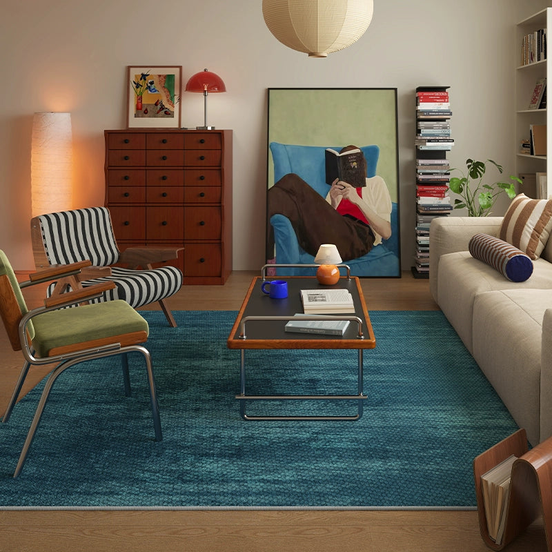 teal striped mid-century rug which matches with mid-century style interior