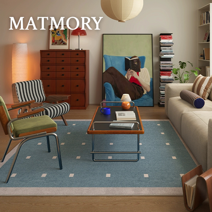 white dotted sky blue rug with border line which is perfect for modern interior