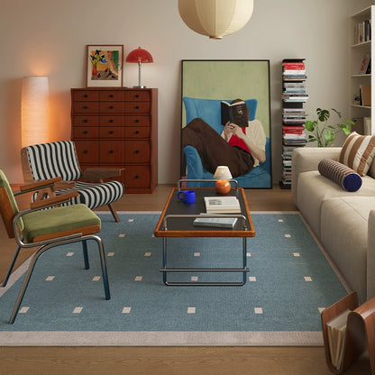 white square dotted light blue rug for bedroom which fits for mid-century interior